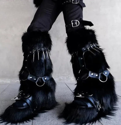 Gothic Y2K Cybergoth Faux Fur Spikes Straps Leg Warmers