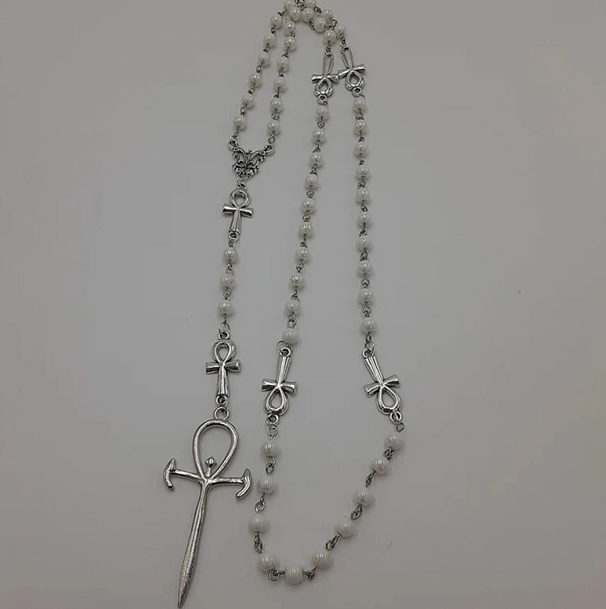 Gothic Ankh Cross Pearl Rosary Necklace