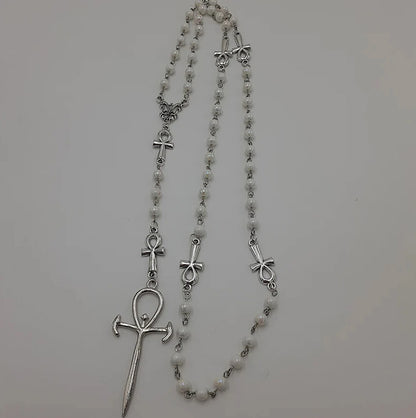 Gothic Ankh Cross Pearl Rosary Necklace