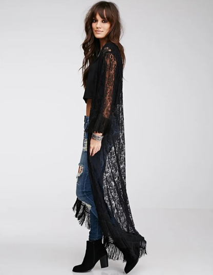 Gothic Wiccan Bohemian Boho Black Lace Tassel Kimono Cardigan
