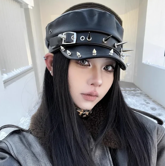 Gothic Alt Goth Harajuku Punk Skull Spikes PU Leather NewsBoy Beret Hat