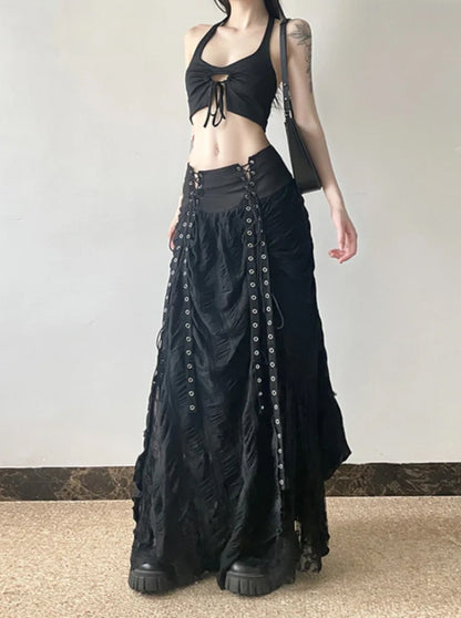 Gothic Alt Goth Grommet Lace Mesh Patchwork Long Skirt