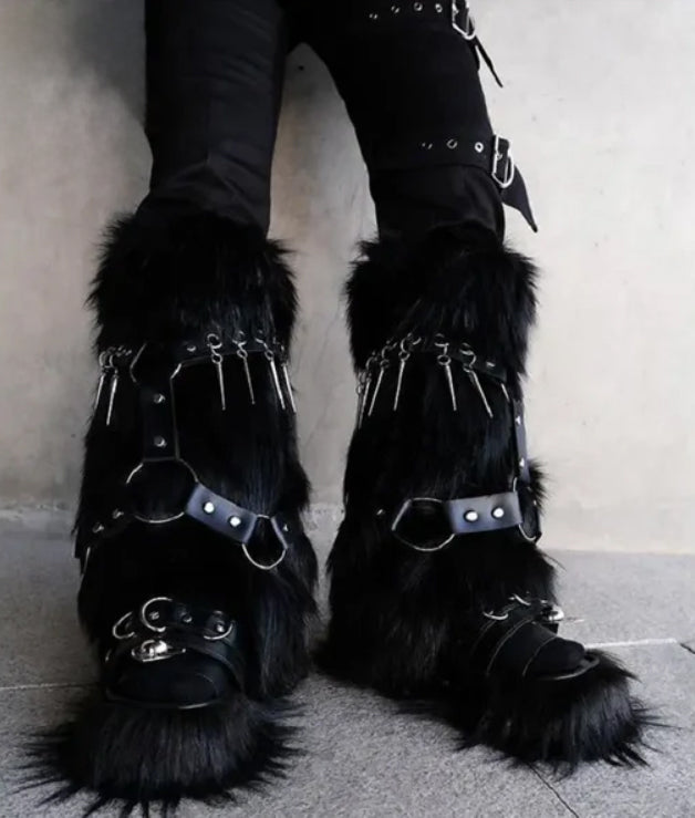 Gothic Y2K Cybergoth Faux Fur Spikes Straps Leg Warmers