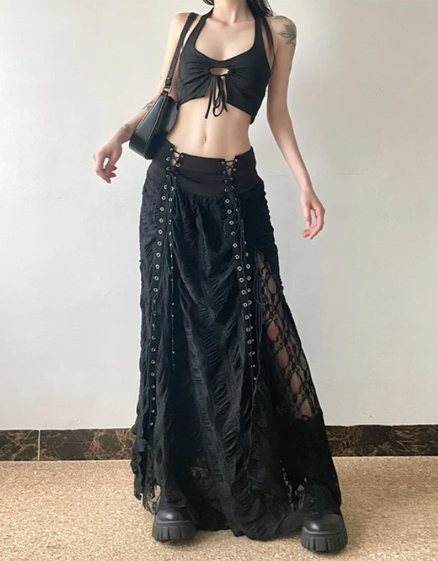 Gothic Alt Goth Grommet Lace Mesh Patchwork Long Skirt