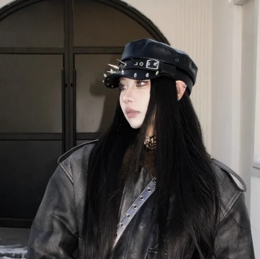 Gothic Alt Goth Harajuku Punk Skull Spikes PU Leather NewsBoy Beret Hat