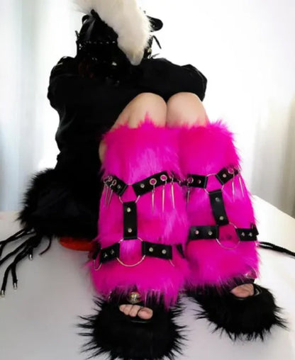 Gothic Y2K Cybergoth Faux Fur Spikes Straps Leg Warmers