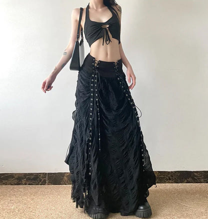 Gothic Alt Goth Grommet Lace Mesh Patchwork Long Skirt