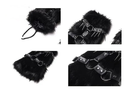 Gothic Y2K Cybergoth Faux Fur Spikes Straps Leg Warmers