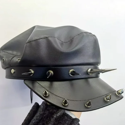 Gothic Alt Goth Harajuku Punk Skull Spikes PU Leather NewsBoy Beret Hat