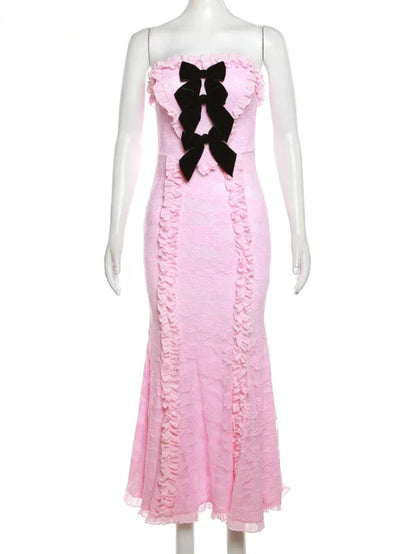 Coquette Pink Long Pleated Bow Tie Chest Wrap Dress