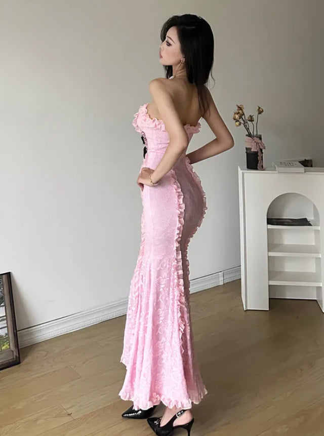 Coquette Pink Long Pleated Bow Tie Chest Wrap Dress ROCK 'N DOLL Coquette Pink Long Pleated Bow Tie Chest Wrap Dress ROCK 'N DOLL