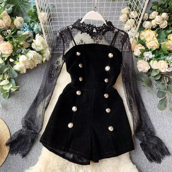 Gothic Lace Mesh Inner Velvet Button Romper Jumpsuit
