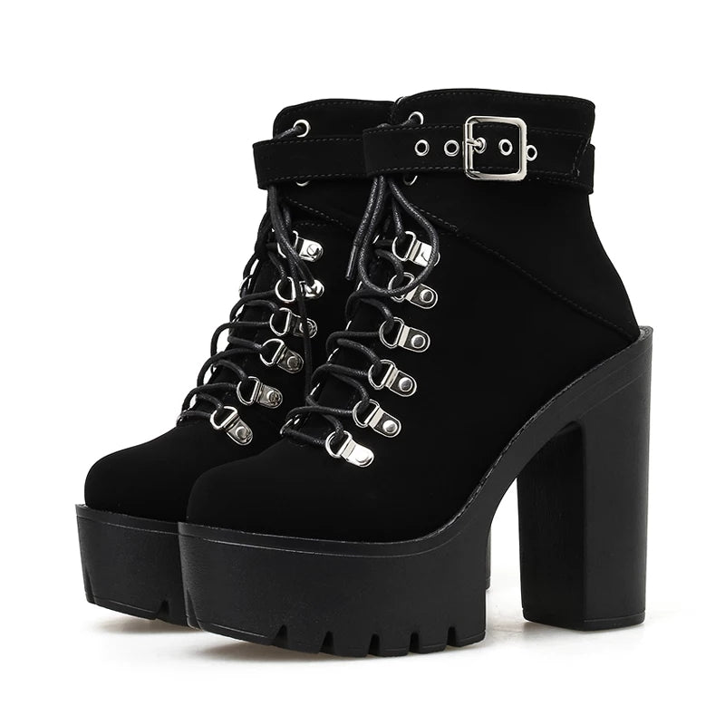 Gothic Suede Single Buckle Strap Lace Up Platform Boots – ROCK 'N DOLL