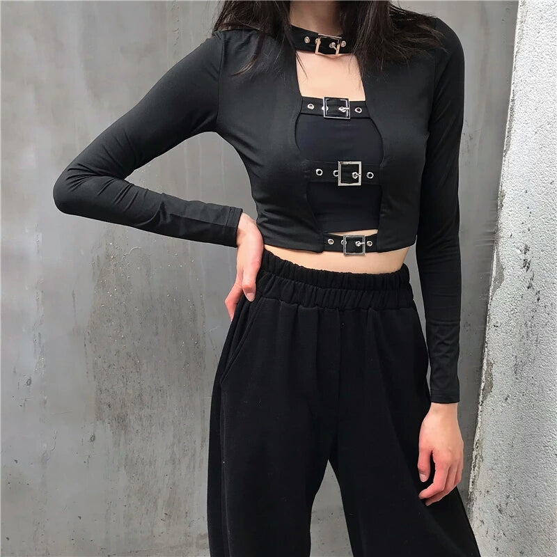 Gothic Buckle Hollow Out Front Long Sleeve Crop Top – ROCK 'N DOLL