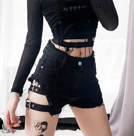 Gothic Grunge Sexy Side Strap Denim Shorts