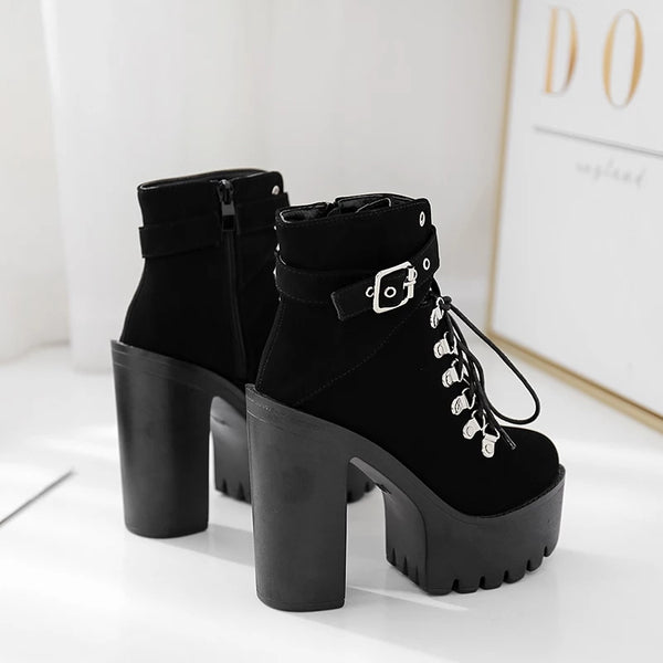 Gothic Suede Single Buckle Strap Lace Up Platform Boots
