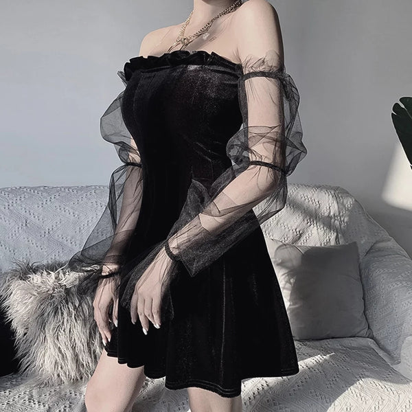 Gothic Off Shoulder Lantern Mesh Sleeve Mini Dress (Available in size S to XL)