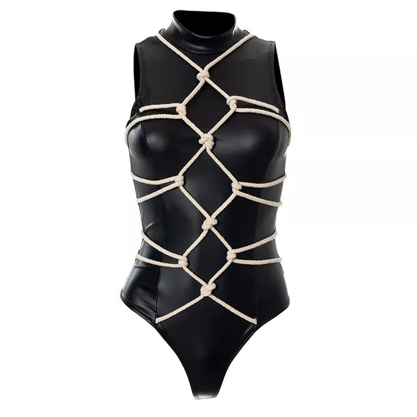Gothic Shibari Style Rope Patchwork PU Leather Bodysuit Top
