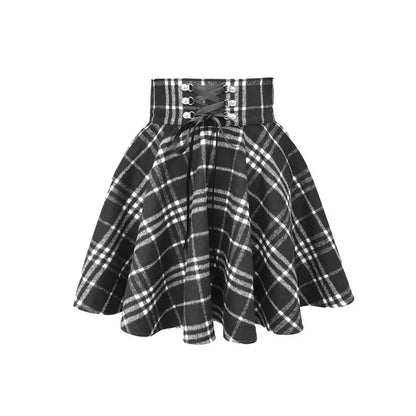 Gothic Harajuku Black White Lace Up Plaid Mini Skirt