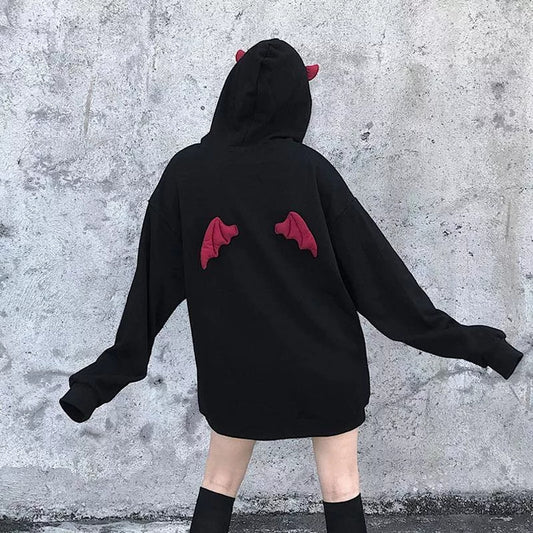 Gothic Devil Horn And Wings Hoodie Pullover
