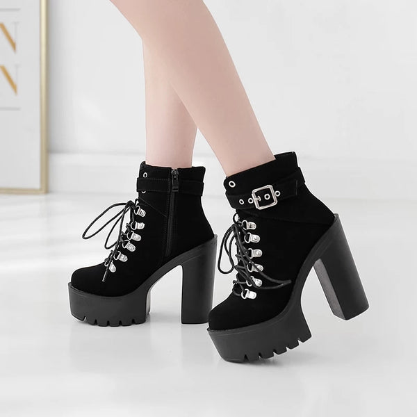 Gothic Suede Single Buckle Strap Lace Up Platform Boots