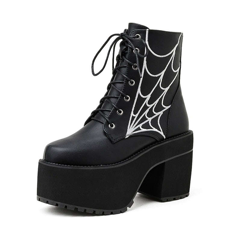 Gothic Spider Web Lace Up Platform Boots