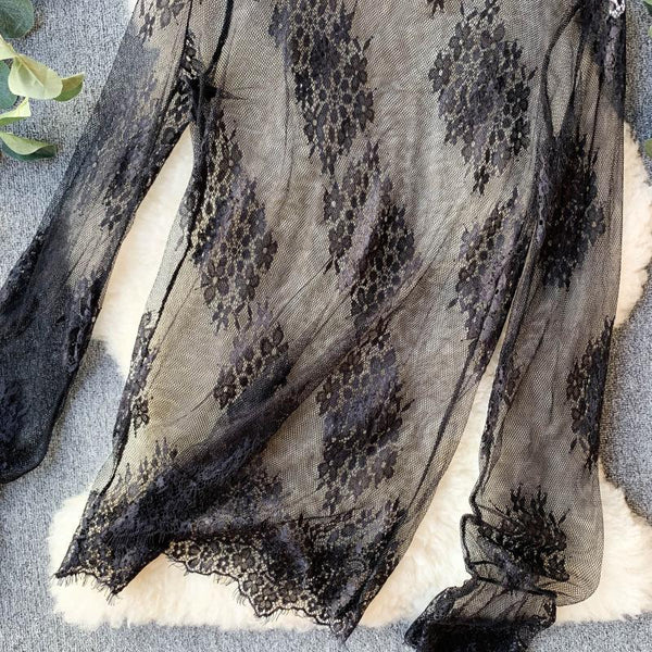 Gothic Lace Mesh Inner Velvet Button Romper Jumpsuit