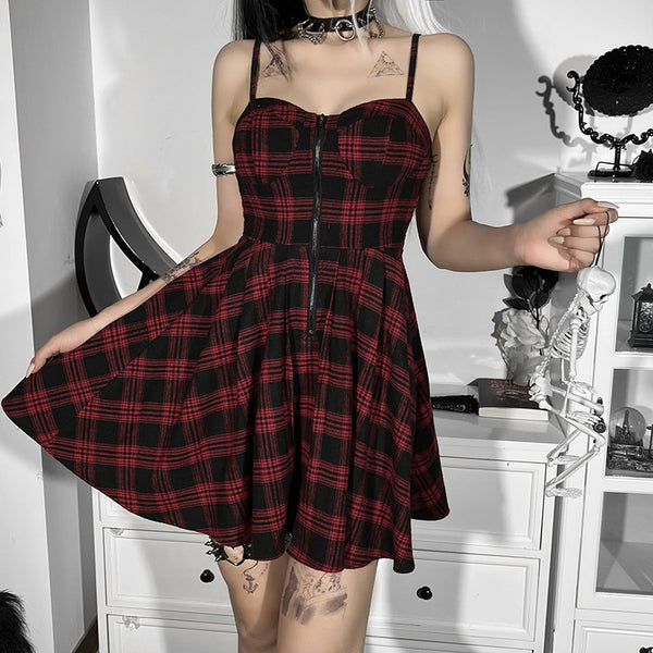 Gothic Grunge Spaghetti Strap Plaid Mini Dress (Available in 2 colors)