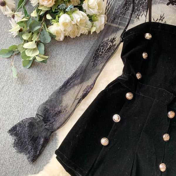 Gothic Lace Mesh Inner Velvet Button Romper Jumpsuit