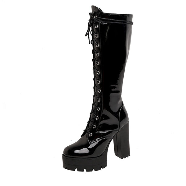 Gothic Punk Patent Leather Knee High Lace Up Platform Boots