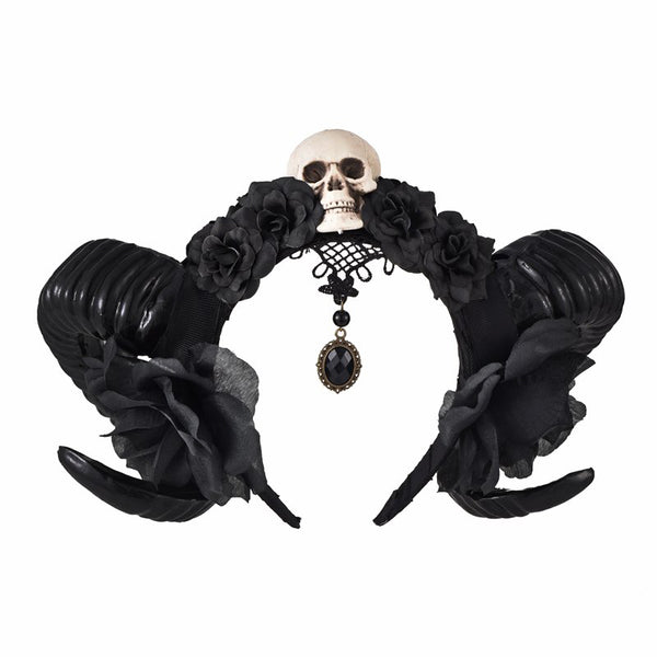 Gothic Devil Horns Skull Roses Halloween Headband Headdress