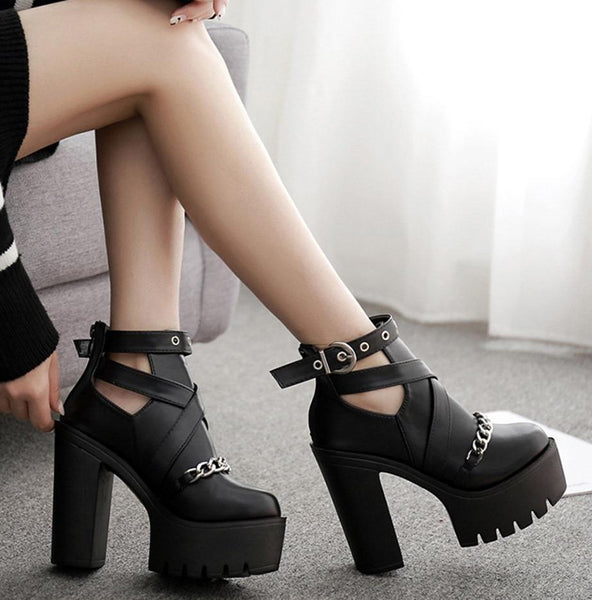 Gothic Chain Eyelet Strap Ankle Platform Boots