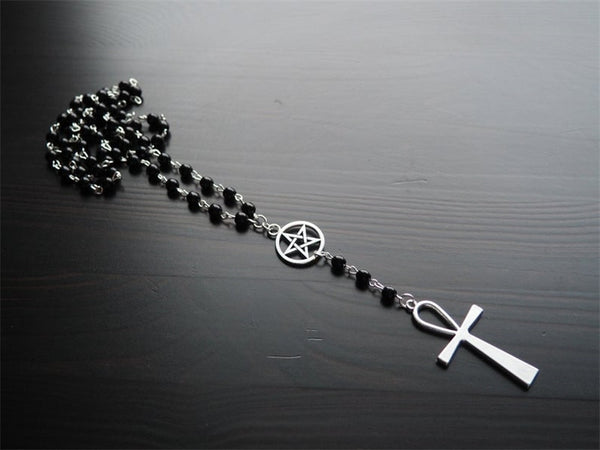 Gothic Ankh and Pentagram Rosary Long Necklace