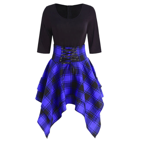Gothic Plaid Lace Up Waist Irregular Hem Dress