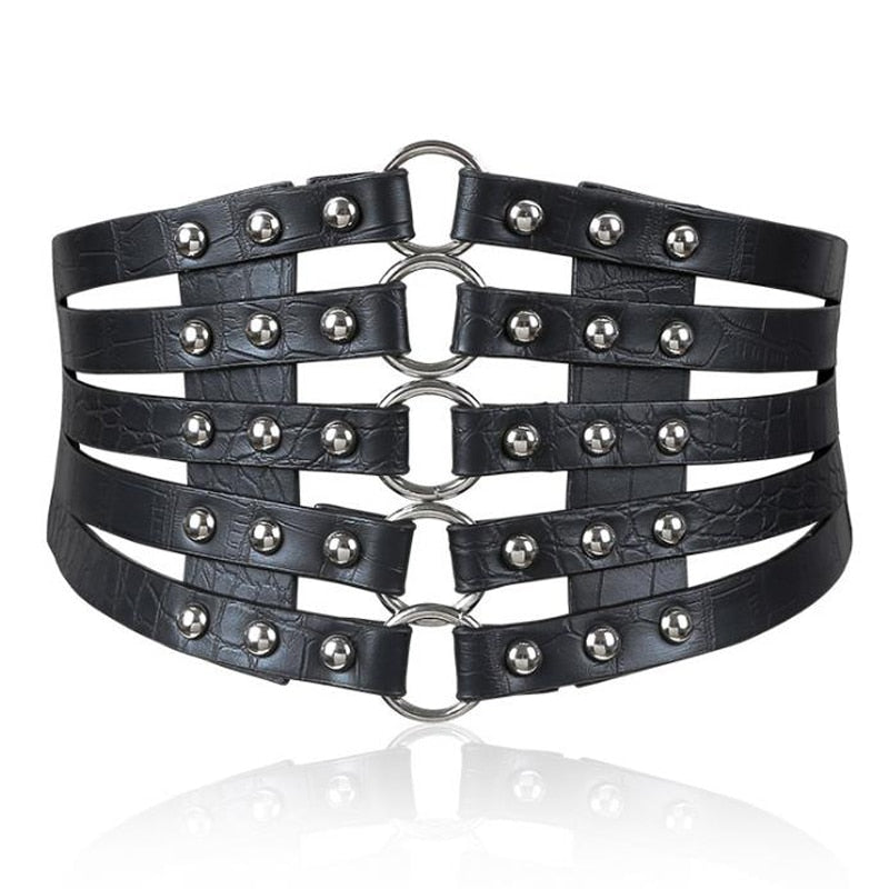 Gothic 5 Straps O-Ring Studs PU Leather Wide Waist Belt (available in 6 colors)