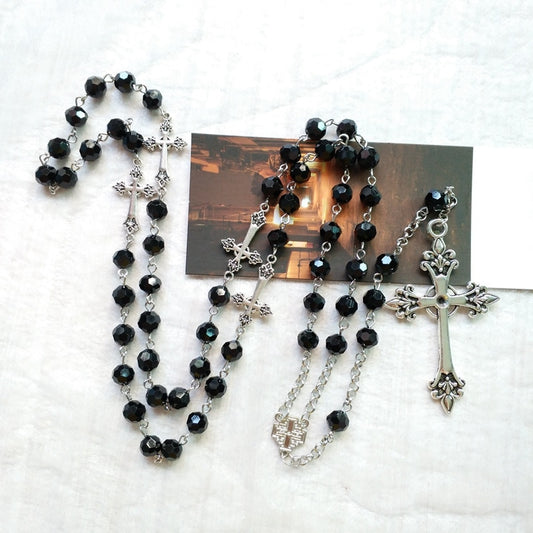 Gothic Black Crystal Rosary Cross Pendant Long Necklace