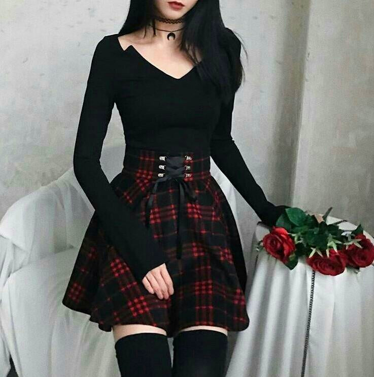 Gothic Harajuku Red Black Lace Up Plaid Skirt