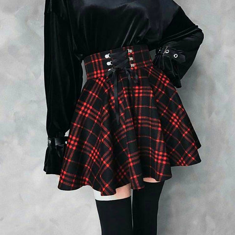 Gothic Harajuku Red Black Lace Up Plaid Skirt