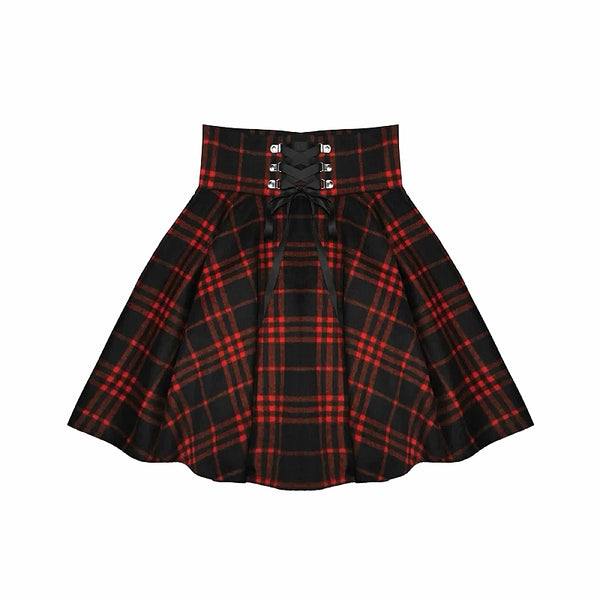 Gothic Harajuku Red Black Lace Up Plaid Skirt Rock N Doll