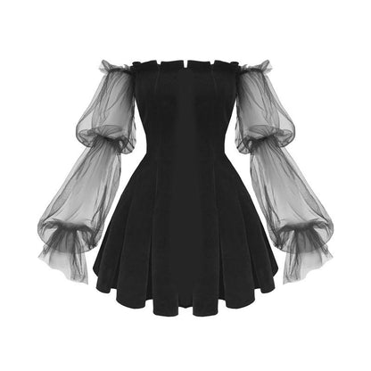 Gothic Off Shoulder Lantern Mesh Sleeve Mini Dress (Available in size S to XL)