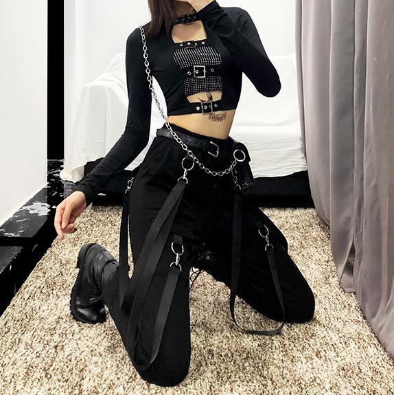 Gothic Buckle Hollow Out Front Long Sleeve Crop Top