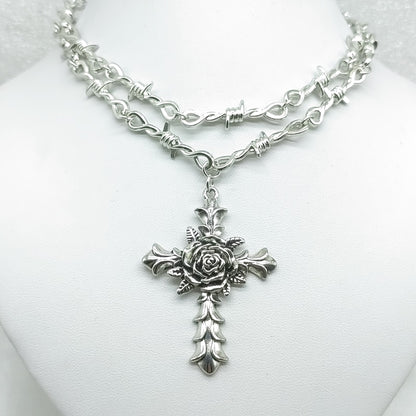 Gothic Barbed Wire Rose Cross Choker Necklace