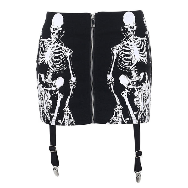 Gothic Skeleton Print Zip Up Mini Skirt