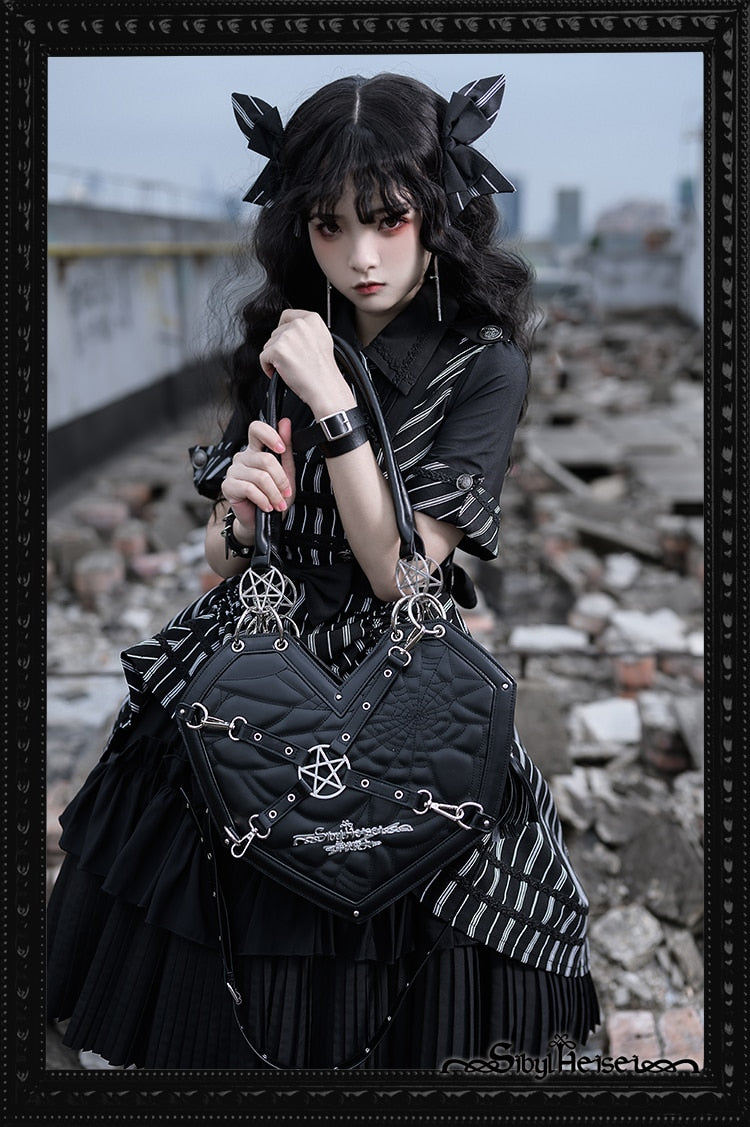 Gothic Heart Shaped Pentagram Hardware Large Shoulder Bag