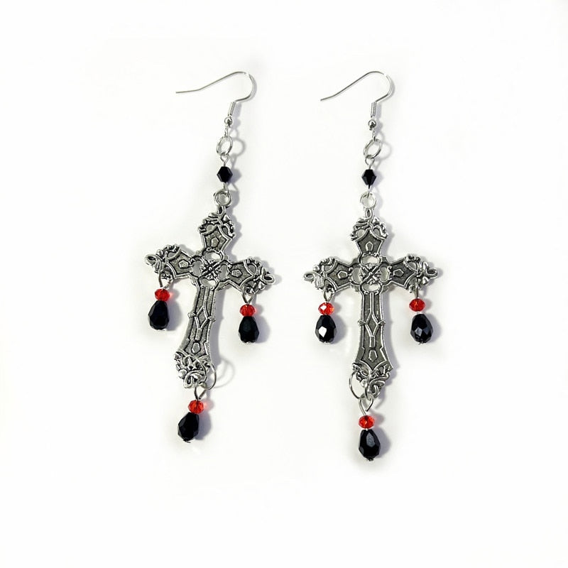 Gothic Punk Cross Crystal Chandelier Earrings (available in 2 colors)