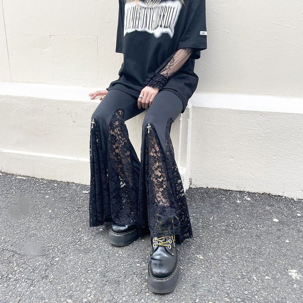 Gothic Y2K Lace Bottom Flared Pants