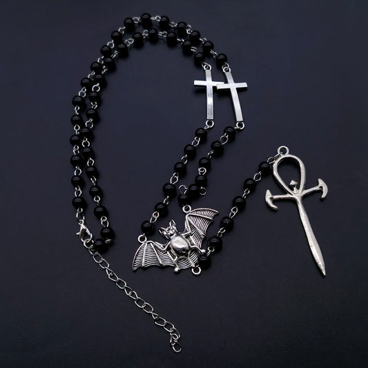 Gothic Bat Ankh Cross Rosary Necklace