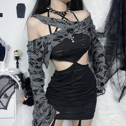 Gothic Punk Tattered Cutout Halterneck Bodycon 2-piece Dress
