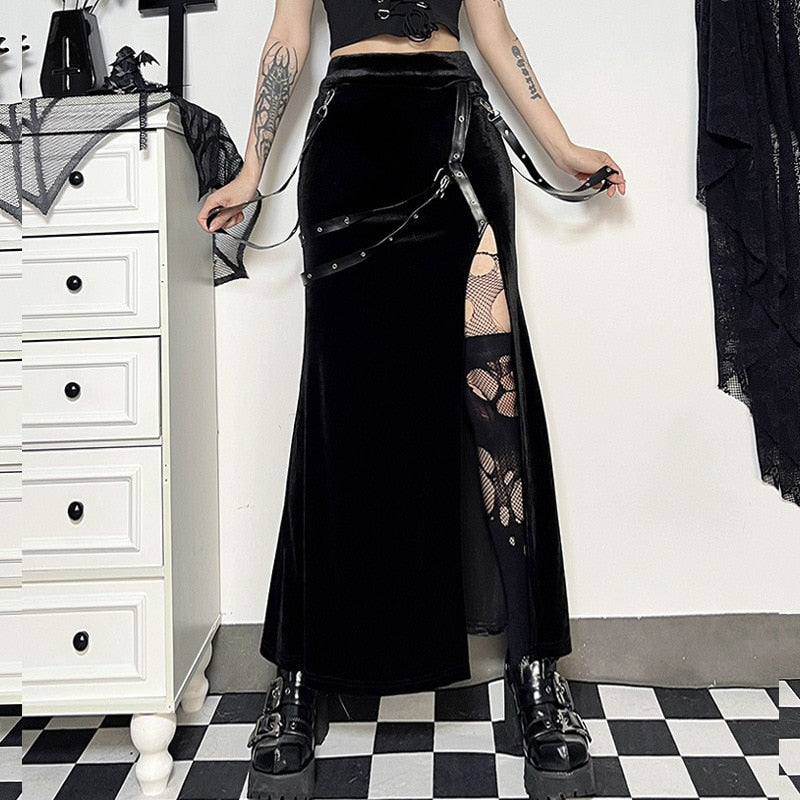 Gothic Velvet Eyelet Straps Side Slit Midi Skirt