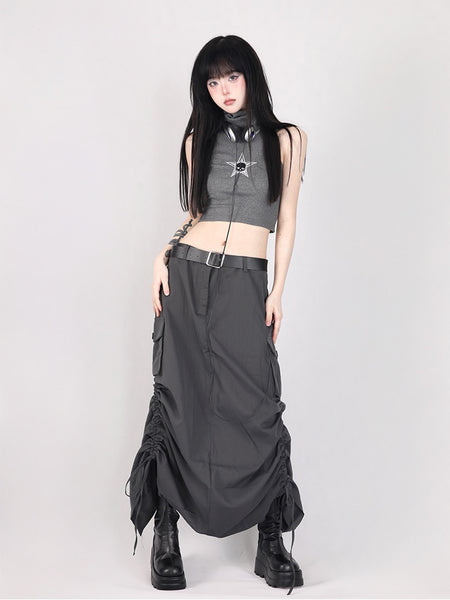 Gothic Y2K Gray Ruched Cargo Skirt